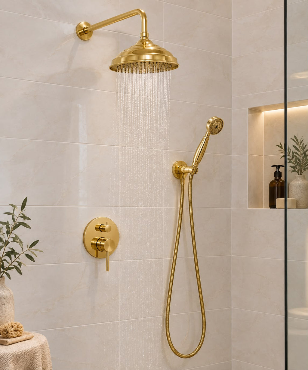 Richmond Unlacquered Brass Shower System with Hand Shower & Rough-In Valve Included