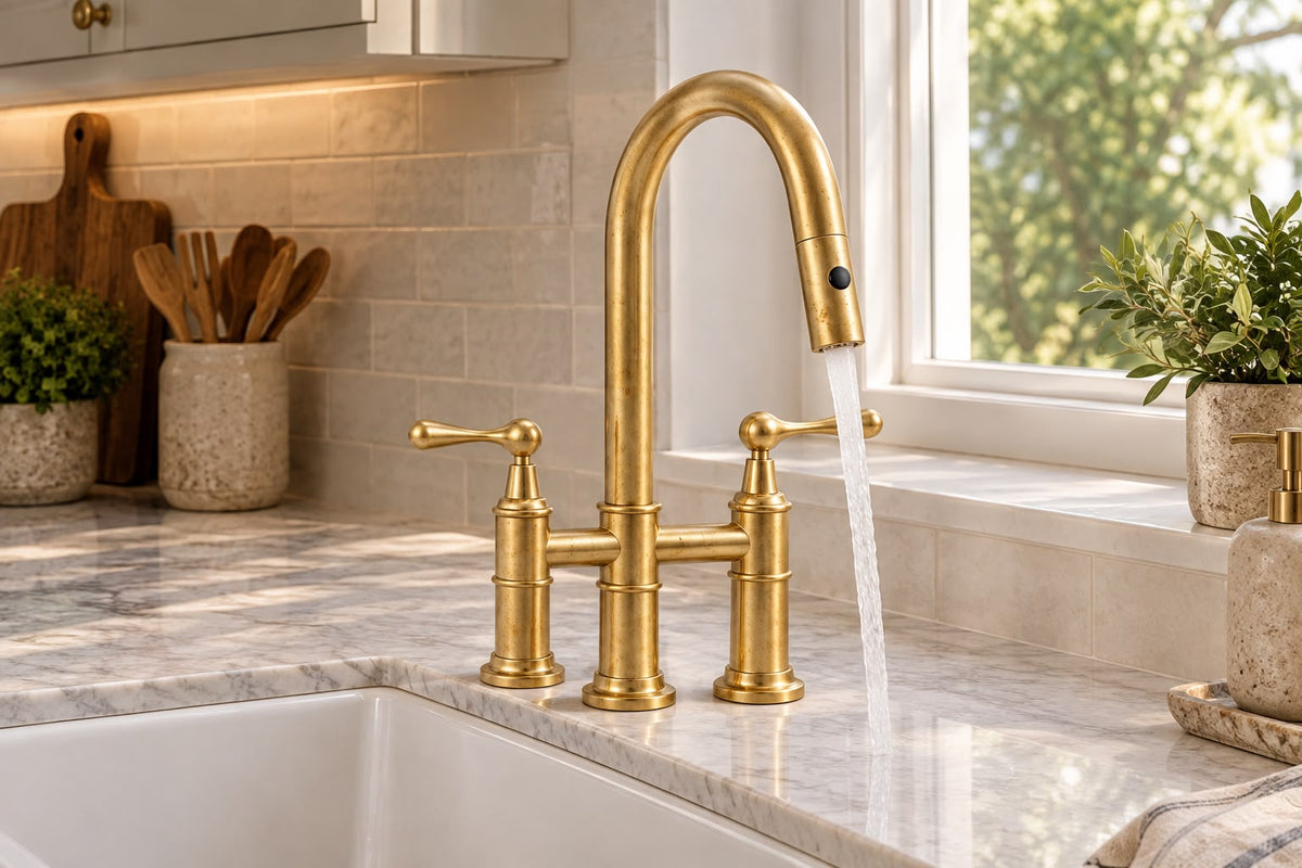 Handcrafted Moroccan Pull-Down Kitchen Faucet – Unlacquered Brass with Extractable Spray