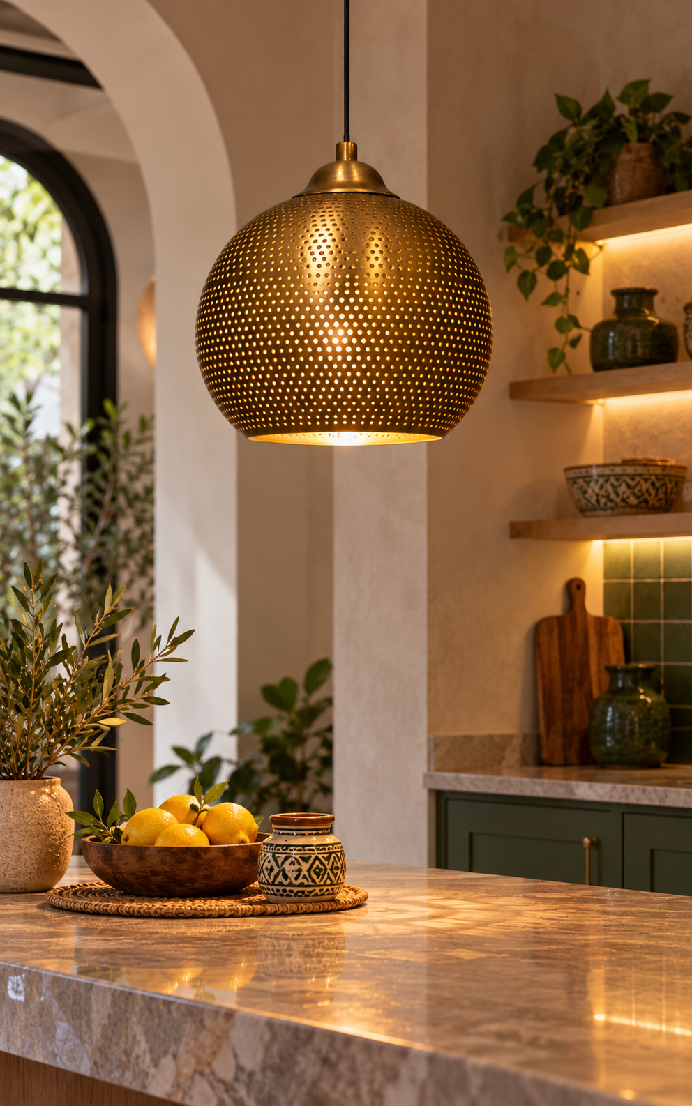 Moroccan Brass Perforated Pendant Light – Handmade Gold Hanging Ceiling Lamp for Kitchen & Dining Room