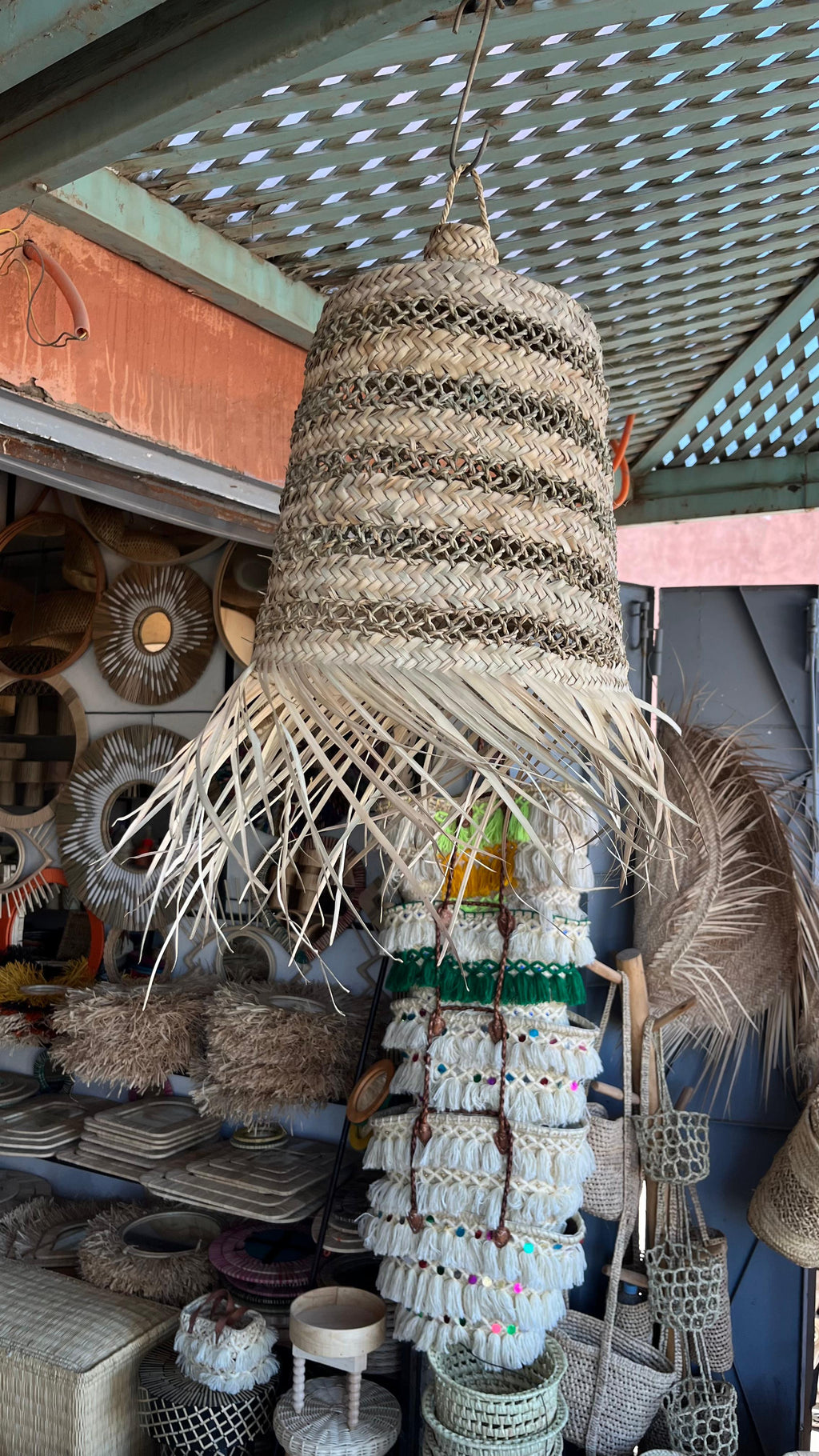 Handwoven Palm staw pendant light boho fringe lampshade natural home decor