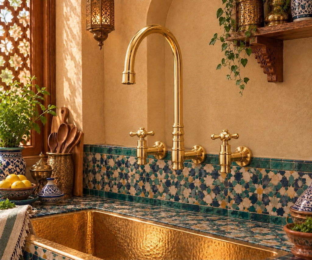 Wall-Mounted Unlacquered Brass Bridge Kitchen Faucet – Handcrafted High-Arc Design