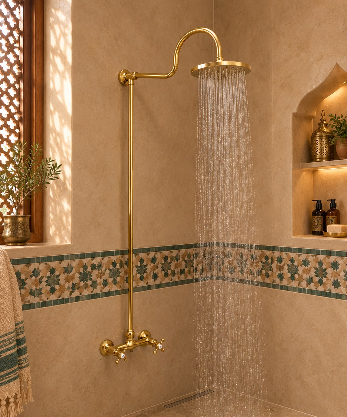 Exposed Brass Shower System for Indoor & Outdoor Use