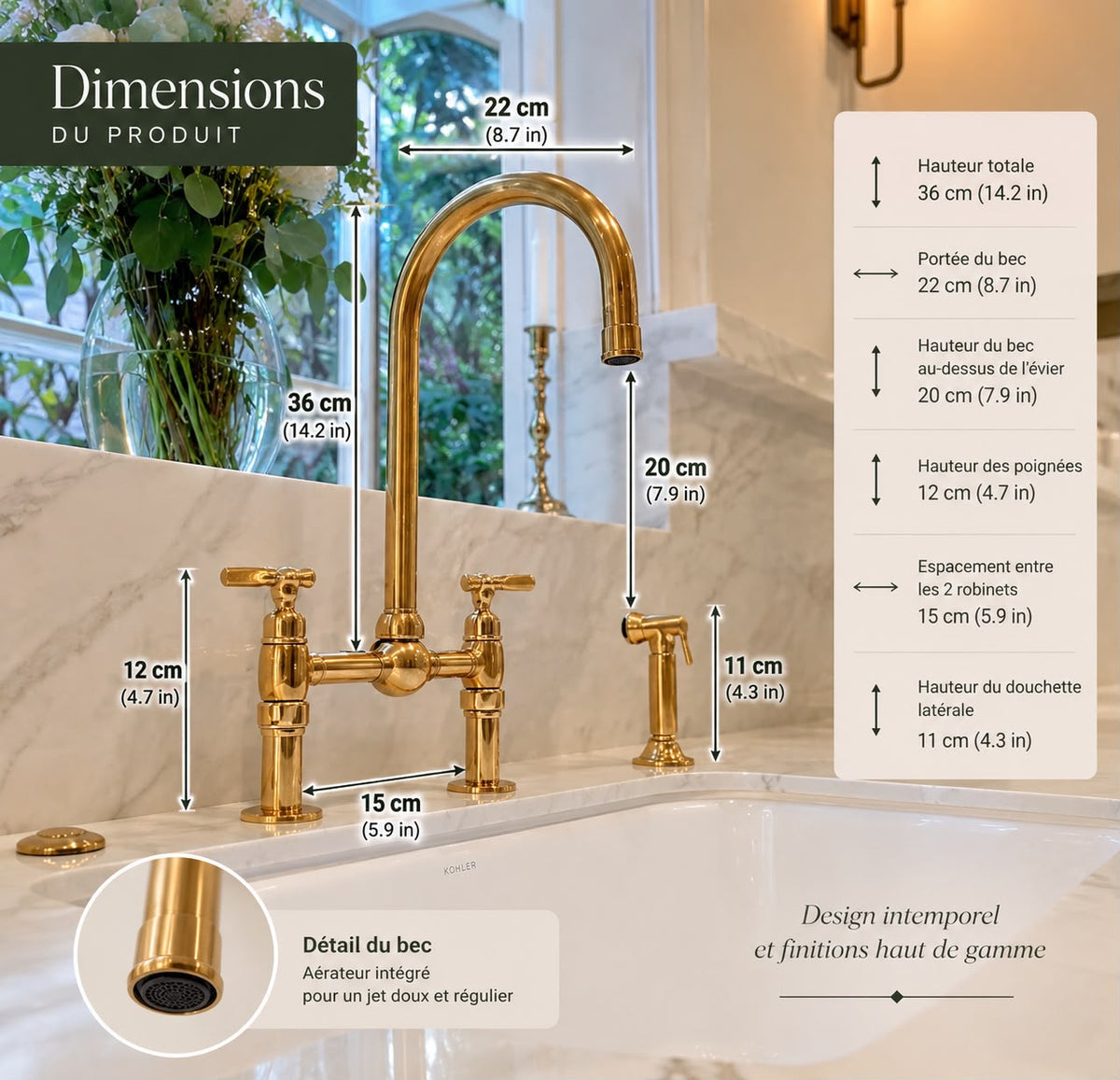 Unlacquered Brass Deck Mount Kitchen Faucet with Side Sprayer & Cold Water Tap – Handmade Brass Sink Faucet