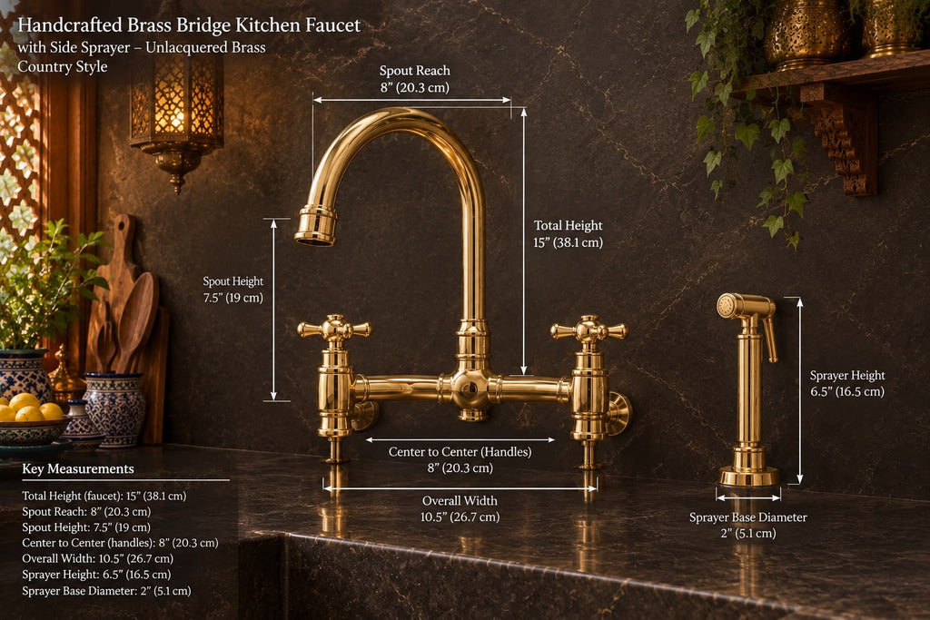 Handcrafted Unlacquered Brass Bridge Kitchen Faucet with Side Sprayer – Moroccan Style