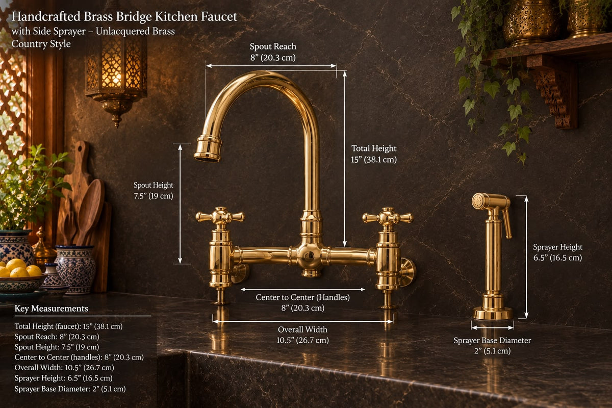 Handcrafted Unlacquered Brass Bridge Kitchen Faucet with Side Sprayer – Moroccan Style