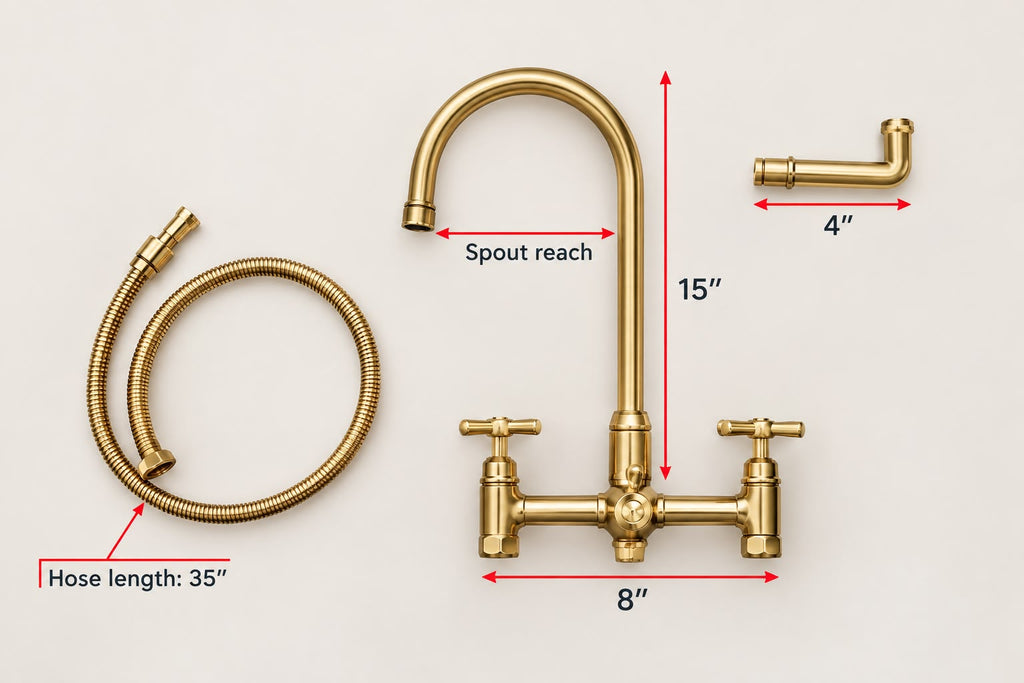 Handcrafted Brass Bridge Kitchen Faucet with Side Sprayer – Unlacquered Brass Country Style Faucet