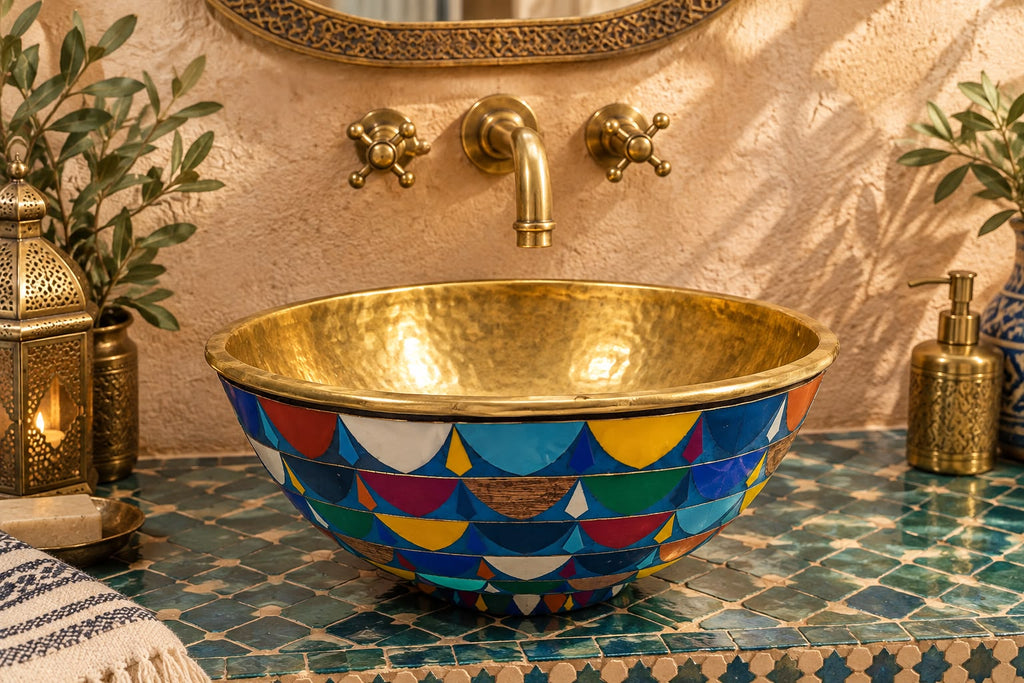 Handmade Brass Vessel Sink – Bathroom Basin with Wood & Colorful Resin Inlay – Moroccan Artisan Sink
