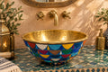 Handmade Brass Vessel Sink – Bathroom Basin with Wood & Colorful Resin Inlay – Moroccan Artisan Sink