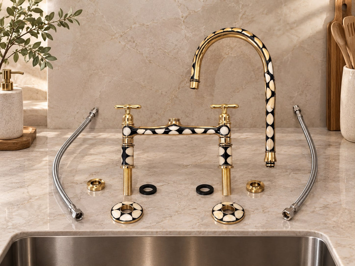 Handmade Brass Bridge Kitchen Faucet with Resin Inlay – Vintage Artisan Design