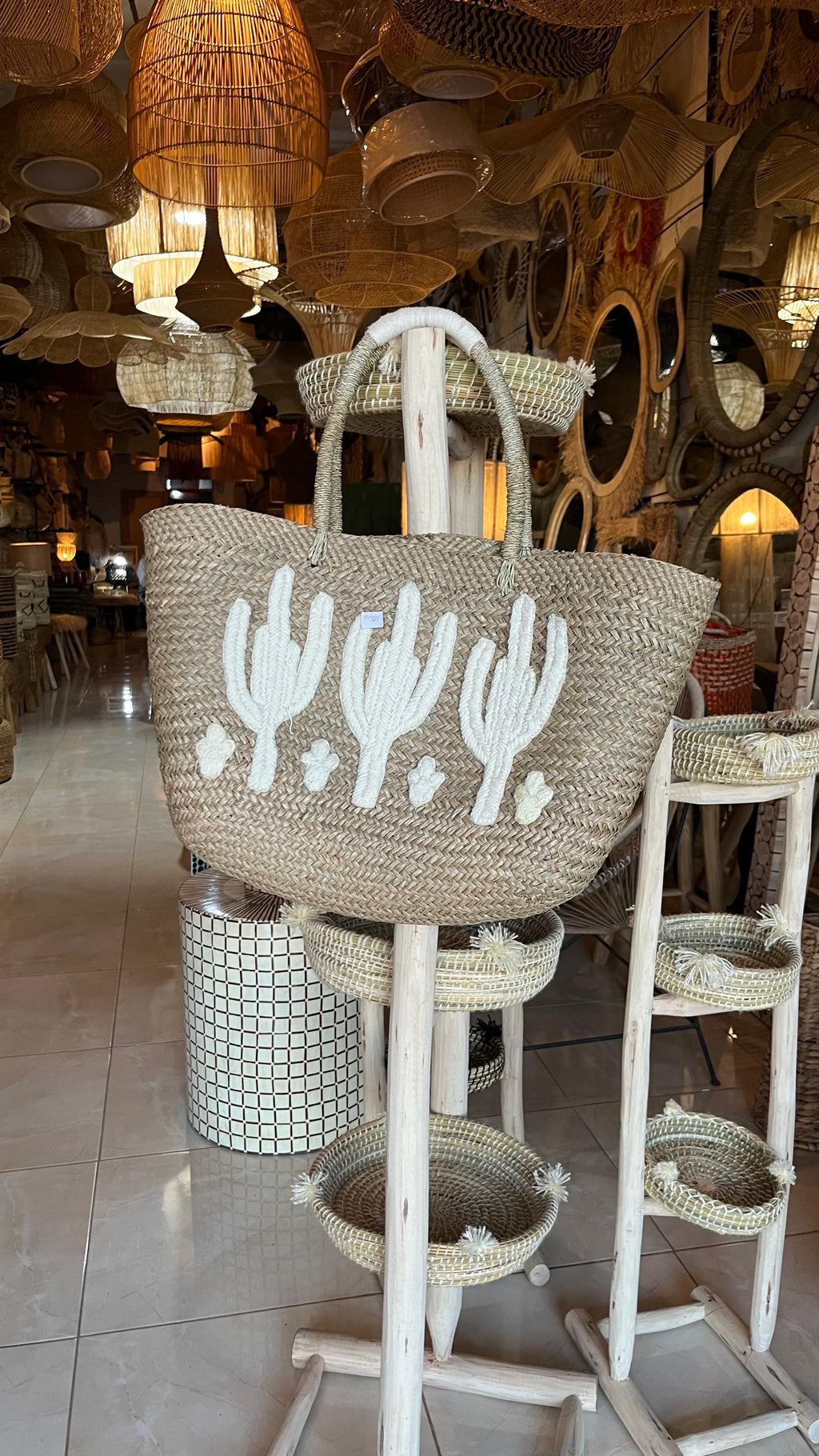 Handwoven straw beach bag white cactus design Moroccan market tote
