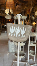 Handwoven straw beach bag white cactus design Moroccan market tote
