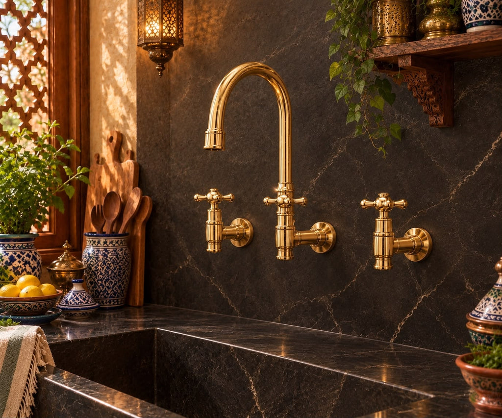 Wall-Mounted Unlacquered Brass Bridge Kitchen Faucet – Handcrafted High-Arc Design