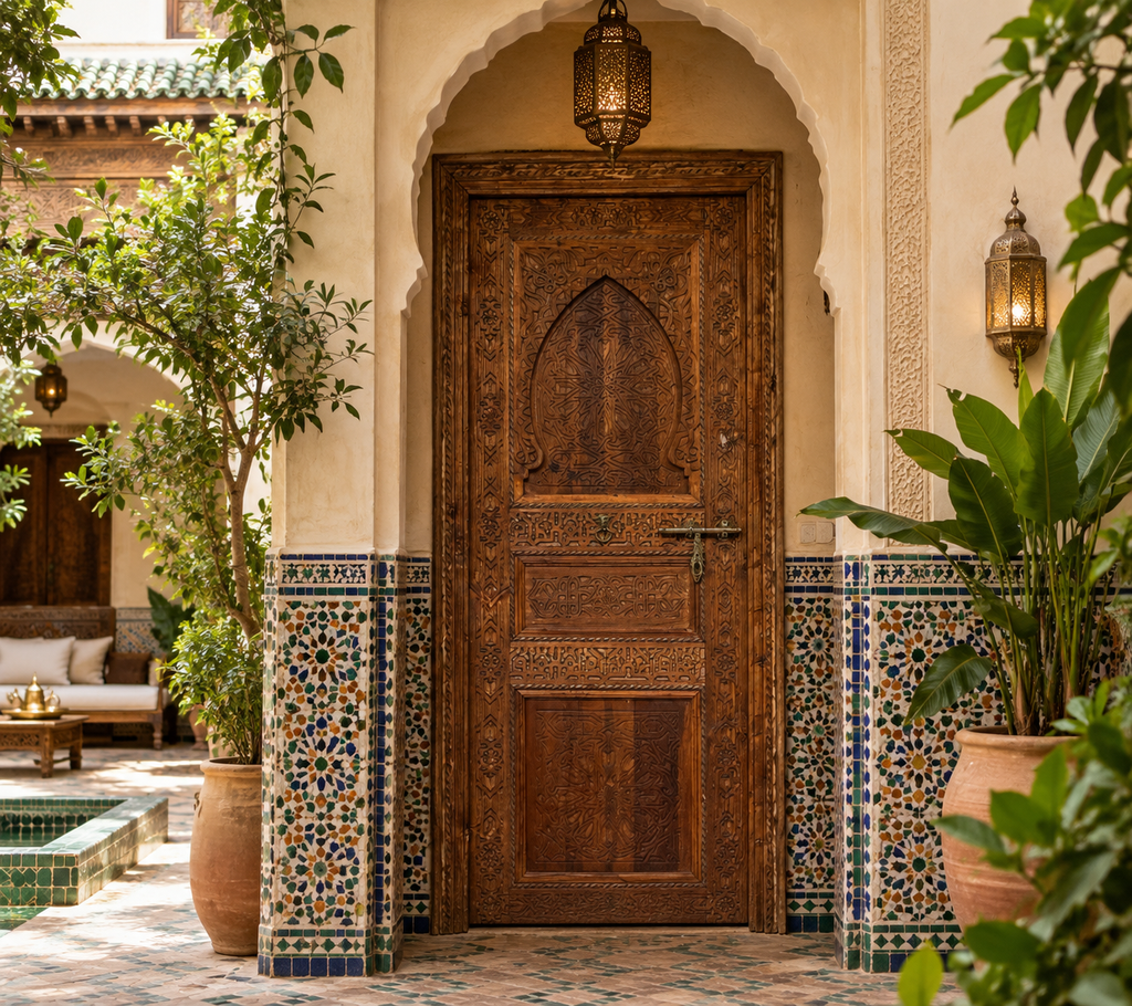 Hand-Carved Moroccan Cedar Wood Door – Arched Rustic Entryway, Statement Home Decor