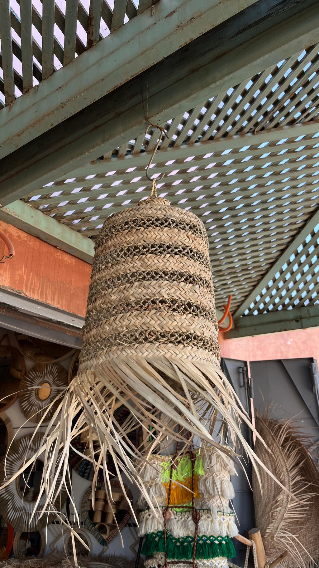 Handwoven Palm staw pendant light boho fringe lampshade natural home decor