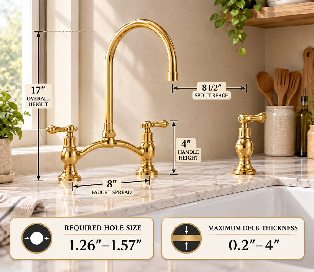 Handcrafted Moroccan Bridge Kitchen Faucet – Unlacquered Brass with Side Sprayer