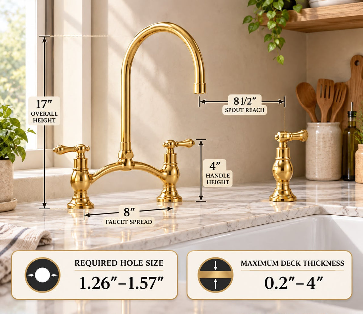 Handcrafted Moroccan Bridge Kitchen Faucet – Unlacquered Brass with Side Sprayer
