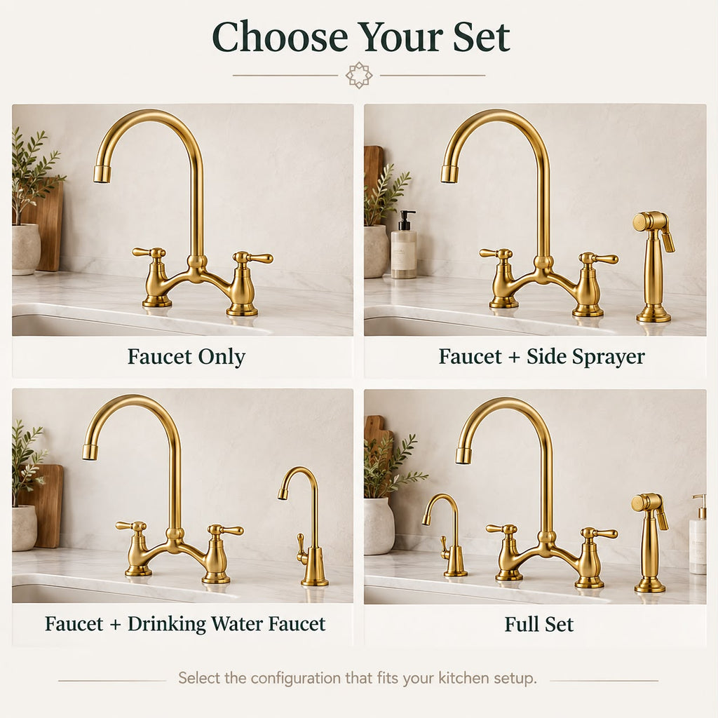 Handcrafted Moroccan Bridge Kitchen Faucet – Unlacquered Brass with Side Sprayer
