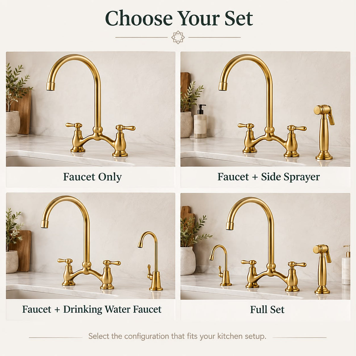 Handcrafted Moroccan Bridge Kitchen Faucet – Unlacquered Brass with Side Sprayer