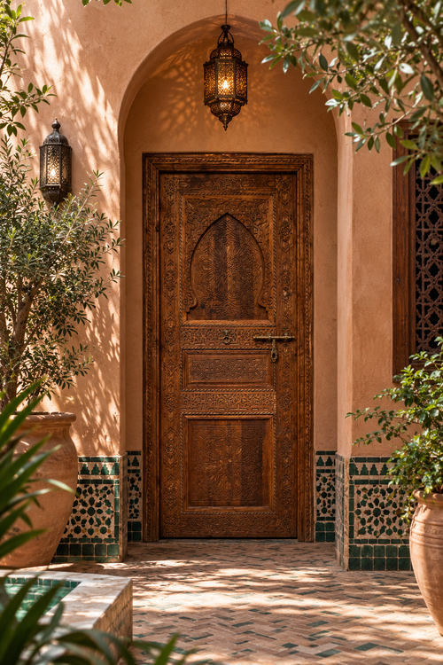 Hand-Carved Moroccan Cedar Wood Door – Arched Rustic Entryway, Statement Home Decor