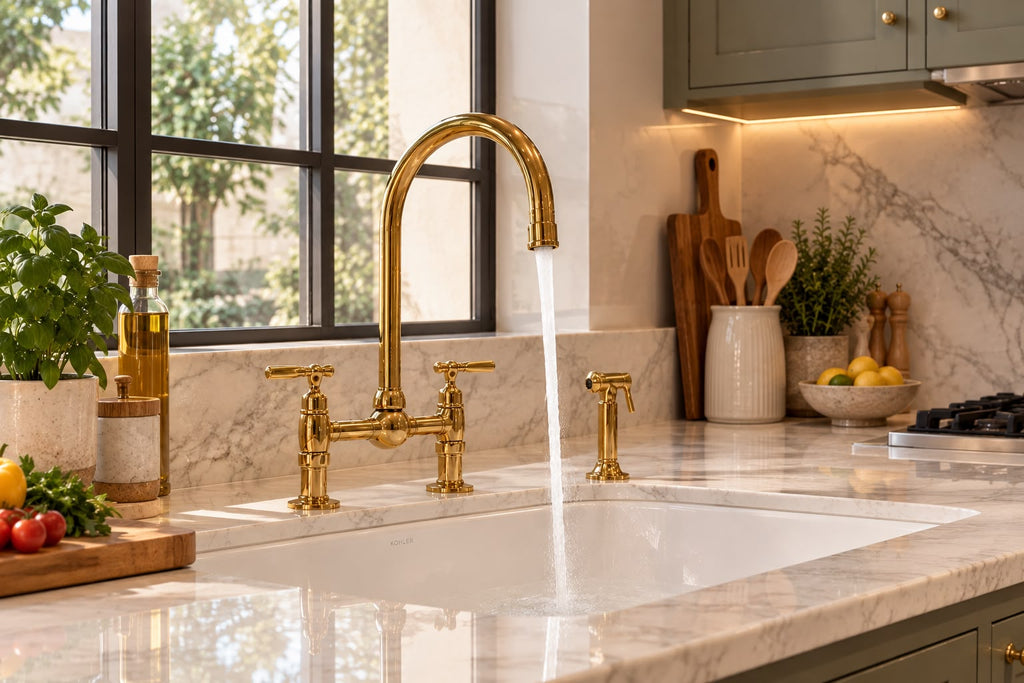 Unlacquered Brass Deck Mount Kitchen Faucet with Side Sprayer & Cold Water Tap – Handmade Brass Sink Faucet