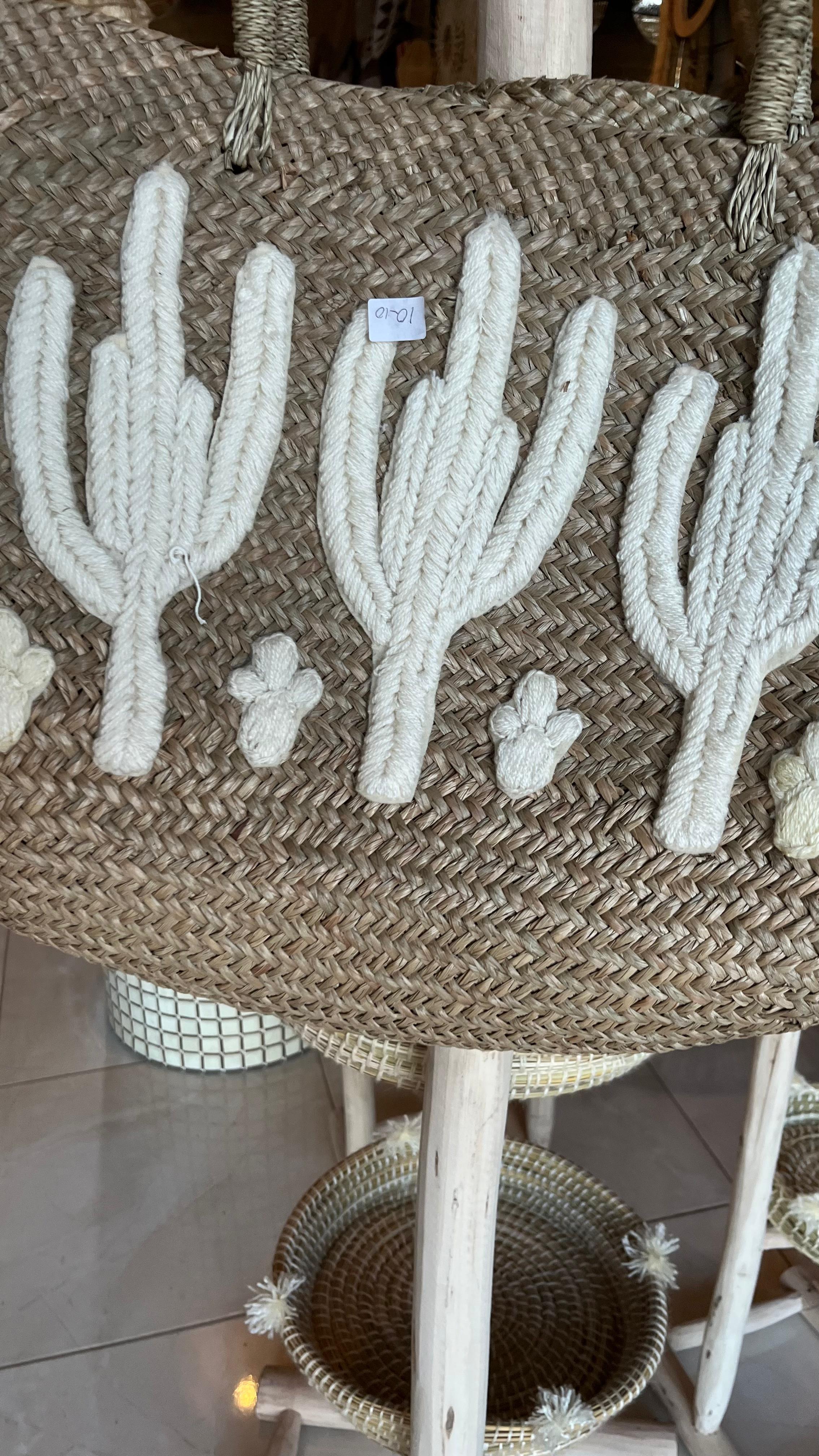 Handwoven straw beach bag white cactus design Moroccan market tote