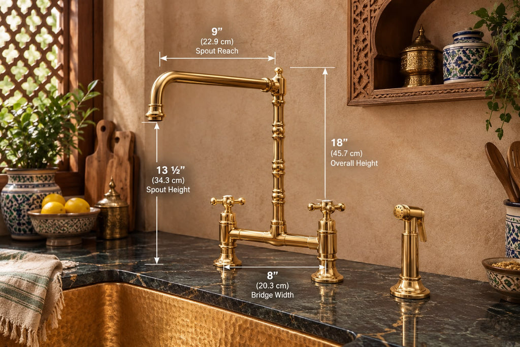 Handmade Solid Brass Three-Hole Bridge Kitchen Faucet with Rectangular Spout