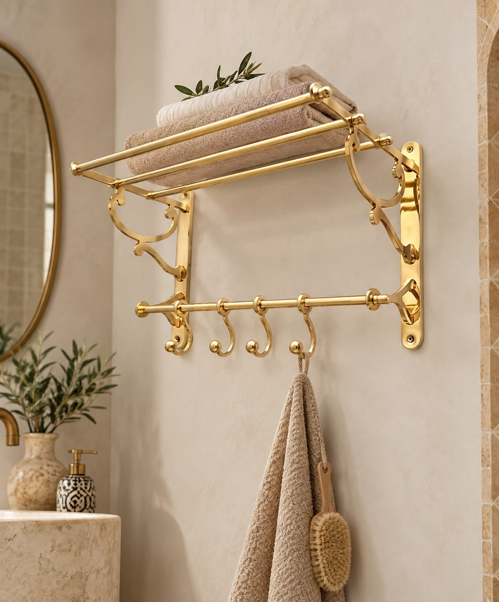 Unlacquered Brass Bathroom Shelf With Hooks For Clothes And Towels - Handmade