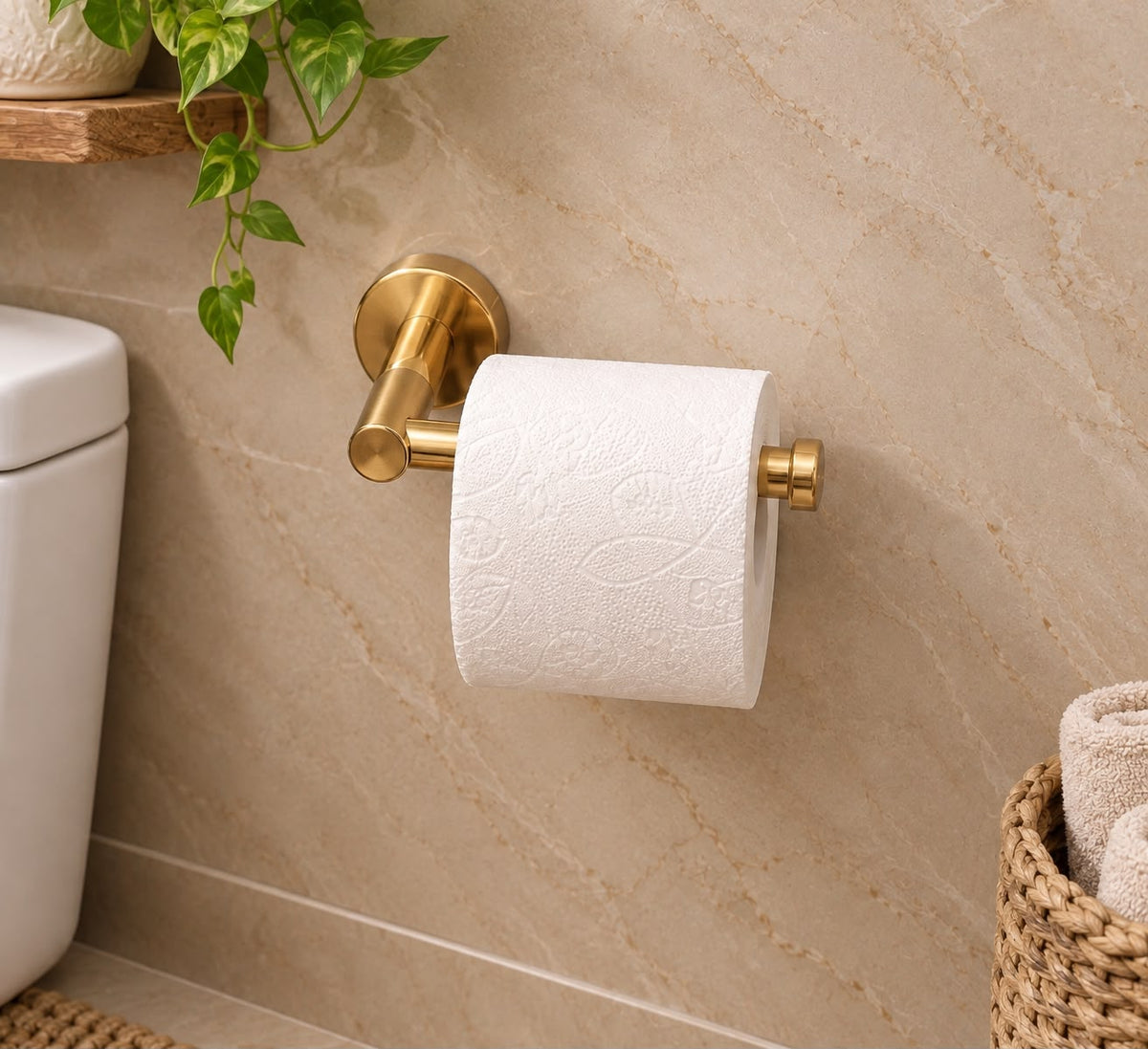 Handmade Brass Toilet Paper Holder with Shelf, Moroccan Bathroom Wall Decor, Gold Toilet Roll Holder