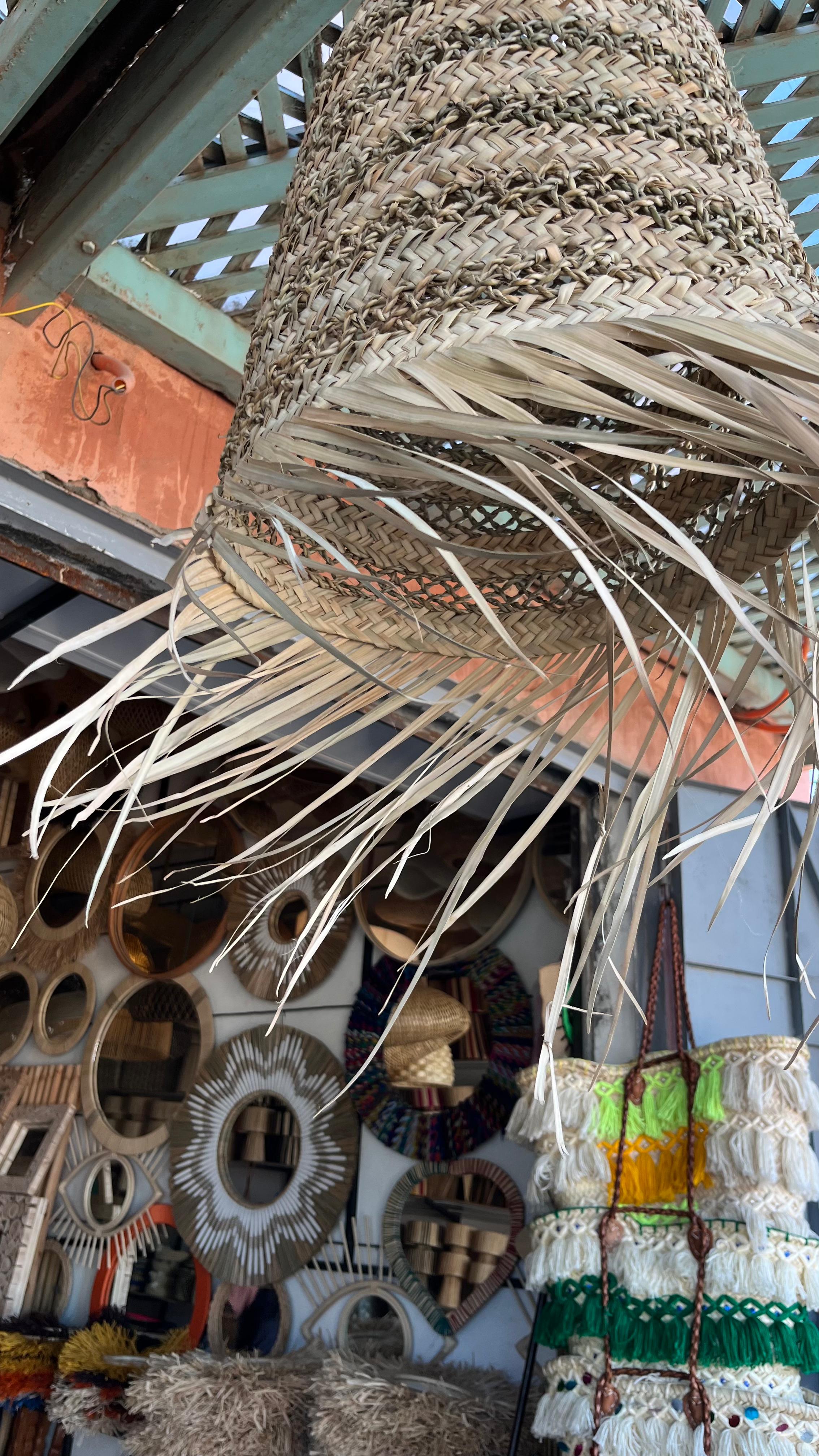 Handwoven Palm staw pendant light boho fringe lampshade natural home decor