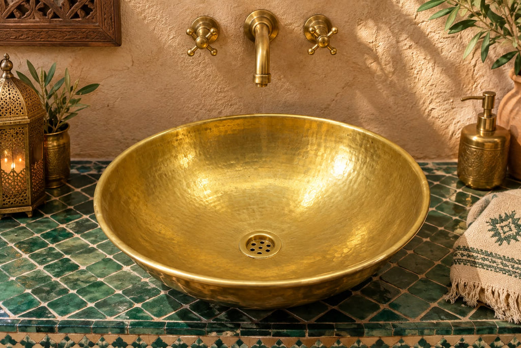 Solid Brass Bathroom Vanity Sink – Handmade Bone-Inlaid Vessel Basin
