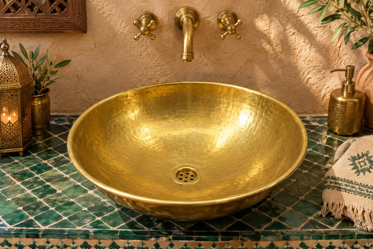 Solid Brass Bathroom Vanity Sink – Handmade Bone-Inlaid Vessel Basin