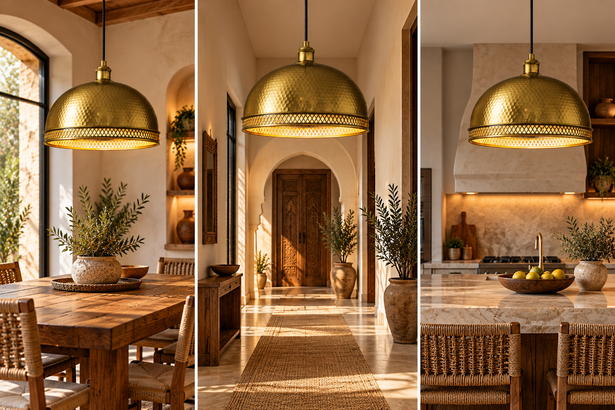 Handmade Hammered Copper Dome Pendant Light – Moroccan Artisan Ceiling Lamp & Dining Room