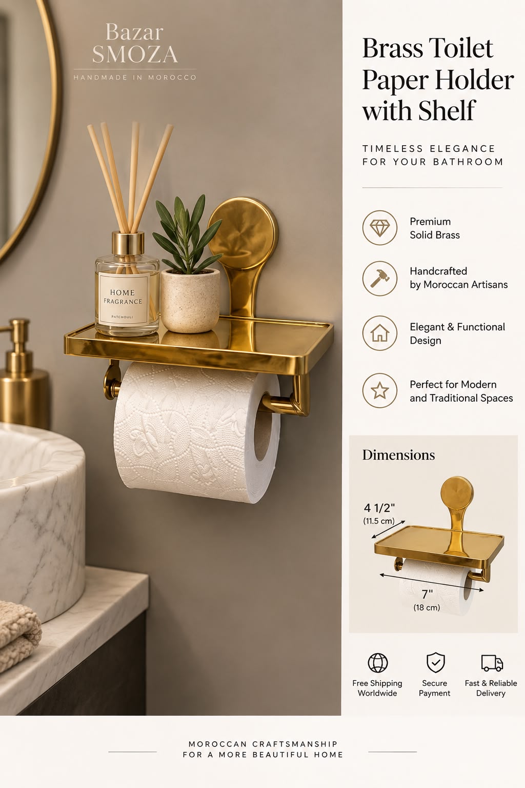 Handmade Moroccan Unlacquered Brass Toilet Paper Holder with Wall Shelf