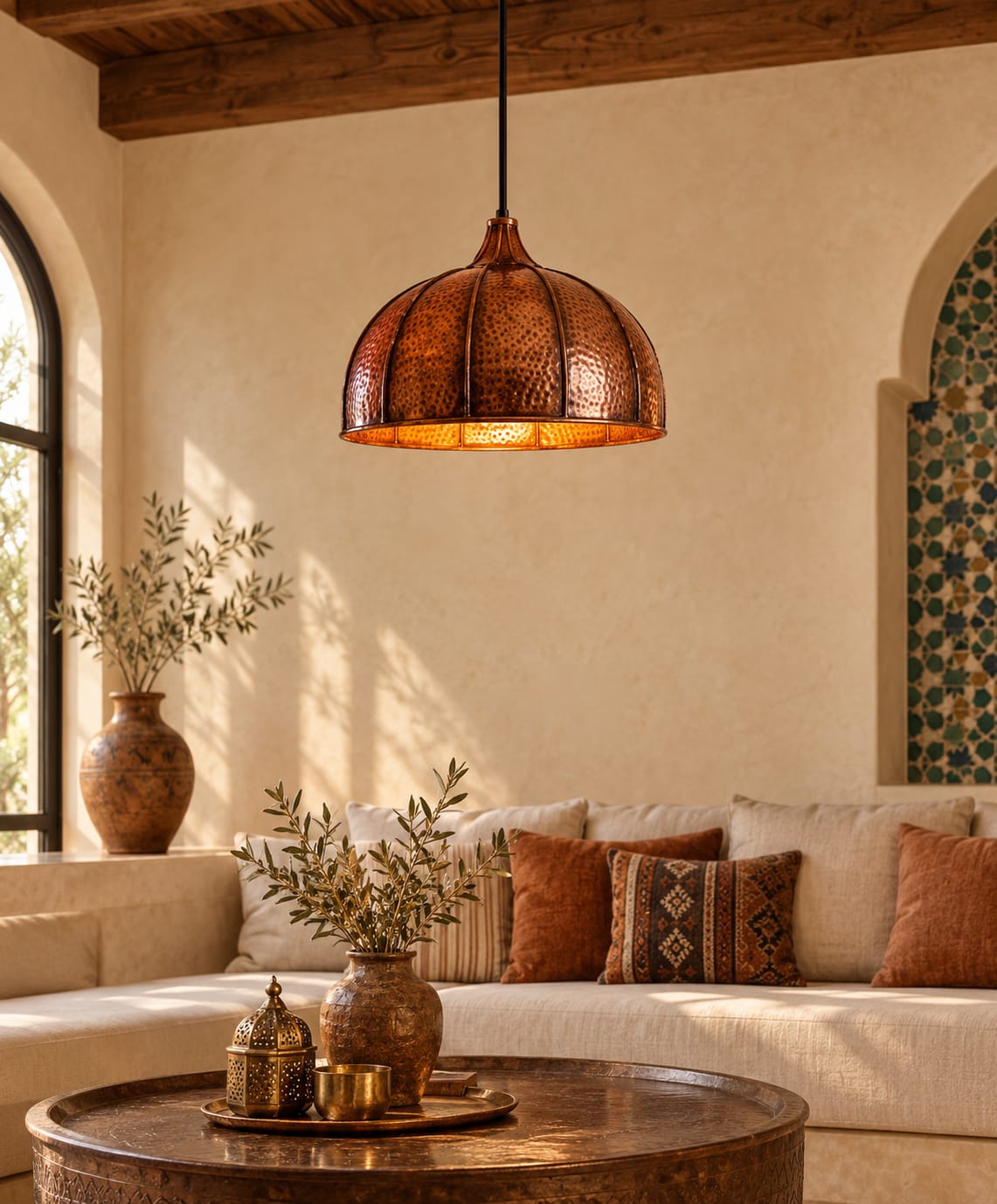 Handmade Hammered Copper Dome Pendant Light – Moroccan Artisan Ceiling Lamp & Dining Room