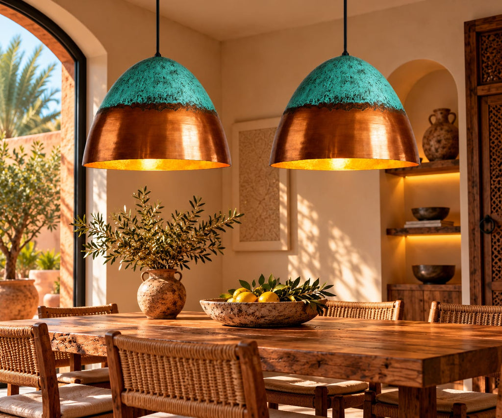 Handmade Brass Pendant Light with Green Patina – Moroccan Boho Lamp traditionnel