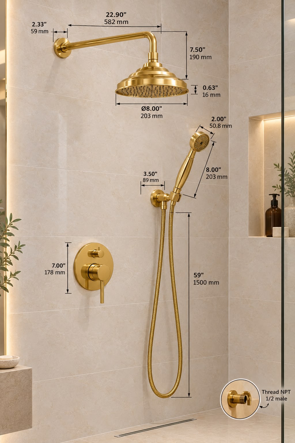 Richmond Unlacquered Brass Shower System with Hand Shower & Rough-In Valve Included