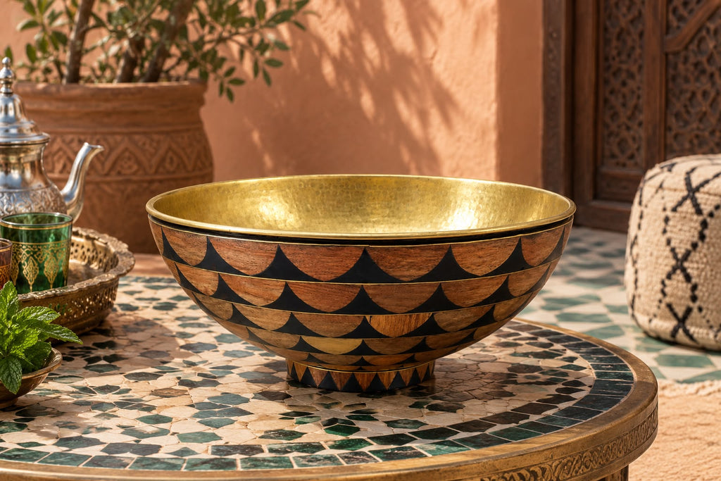 Unlacquered Brass Bathroom Sink – Handmade Vessel Bowl Sink with Wood and Black Resin Inlay