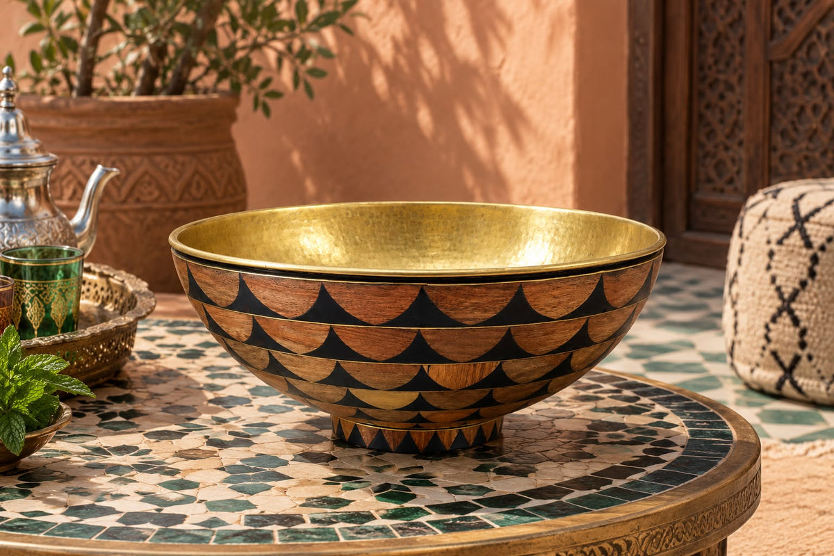Unlacquered Brass Bathroom Sink – Handmade Vessel Bowl Sink with Wood and Black Resin Inlay