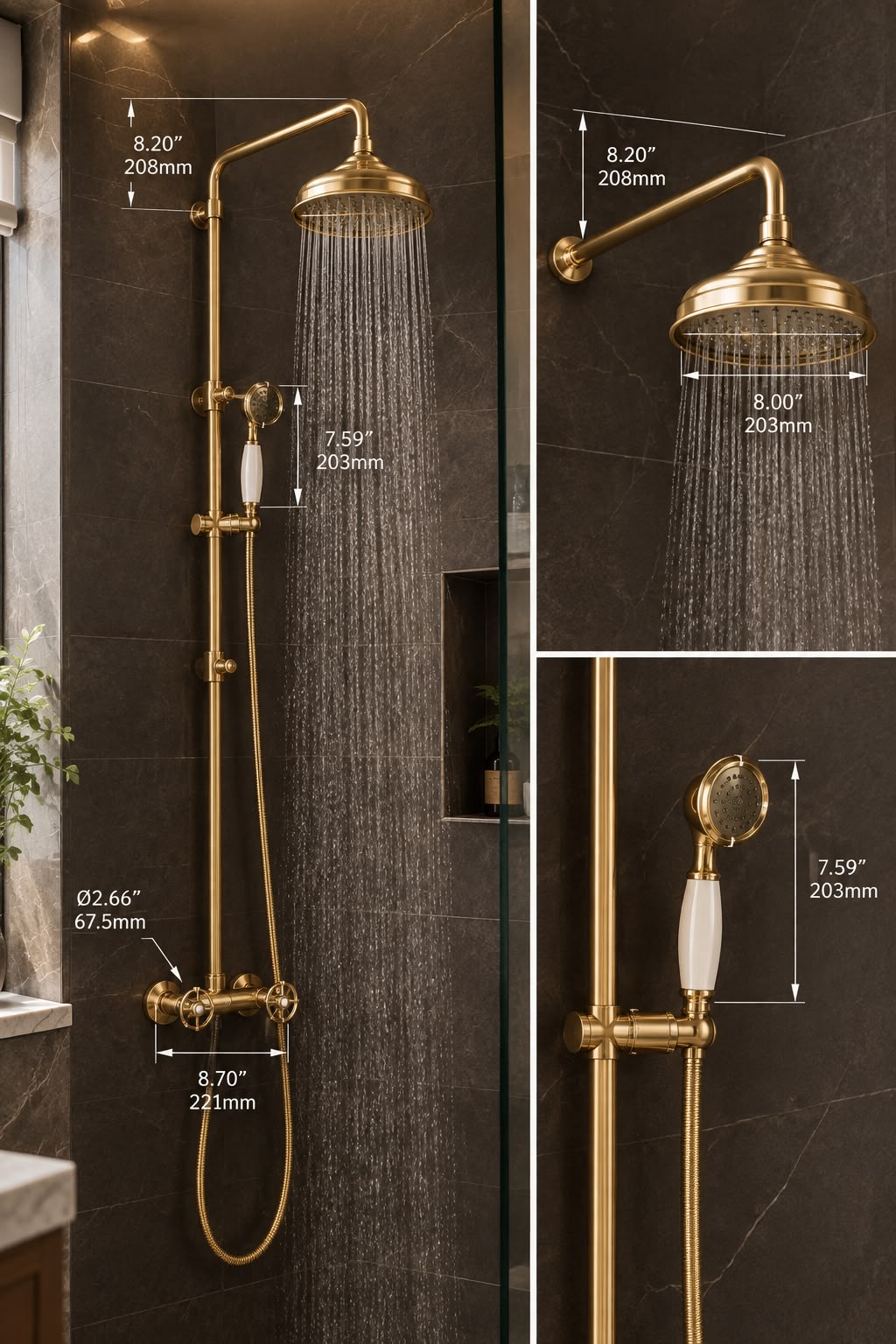 Vintage Unlacquered Brass Shower System – Exposed Shower Faucet with Rainfall Shower Head & Handheld Sprayer