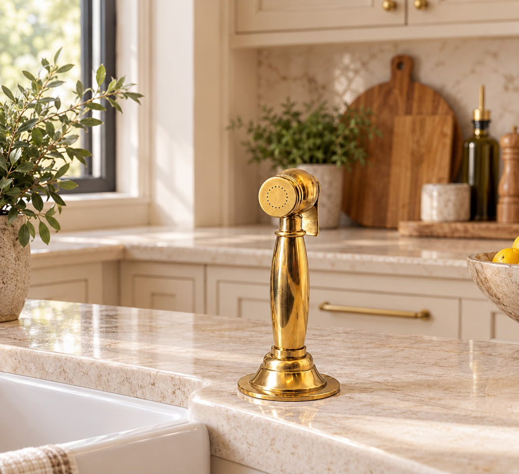 Handcrafted Moroccan Bridge Kitchen Faucet – Unlacquered Brass with Side Sprayer