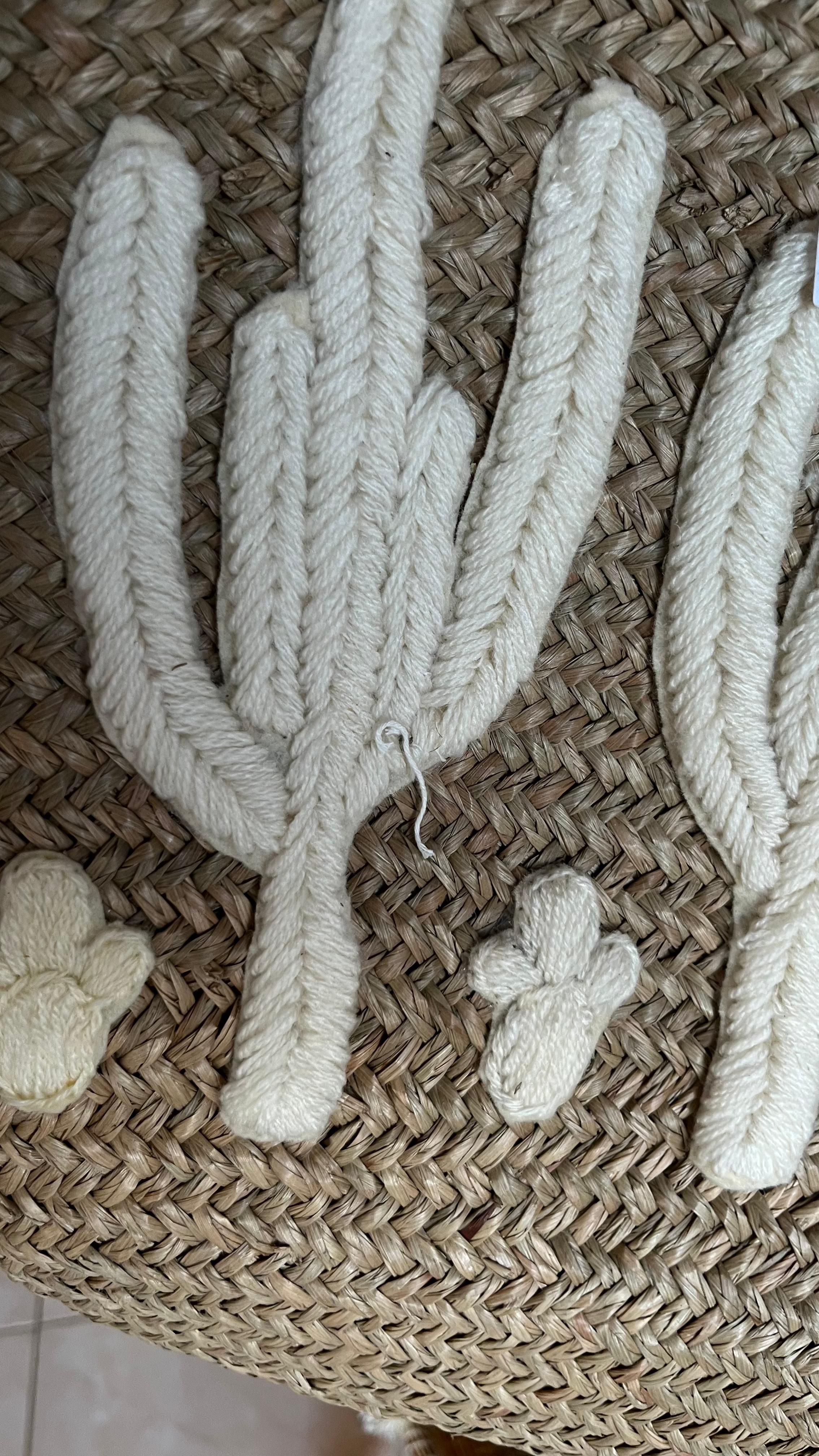 Handwoven straw beach bag white cactus design Moroccan market tote