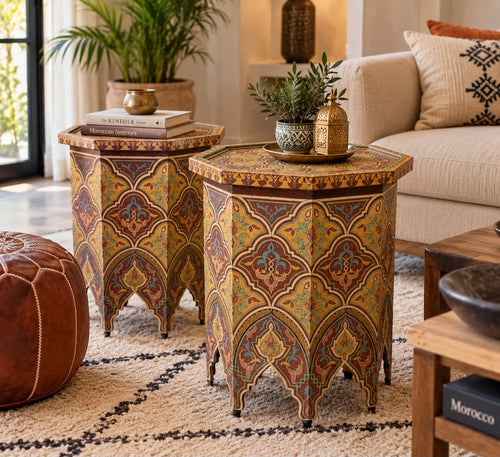 Hand-Painted Moroccan Side Table | Handmade Cedar Wood Accent Table