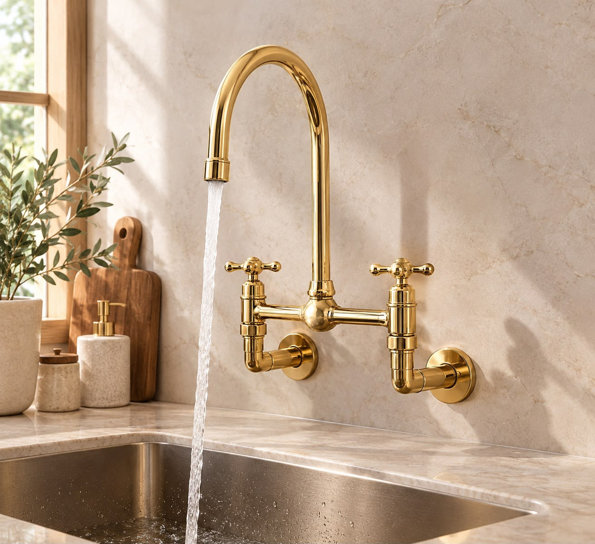 Unlacquered Brass Wall-Mount Bridge Kitchen Faucet – -Style Kitchen Sink Faucet