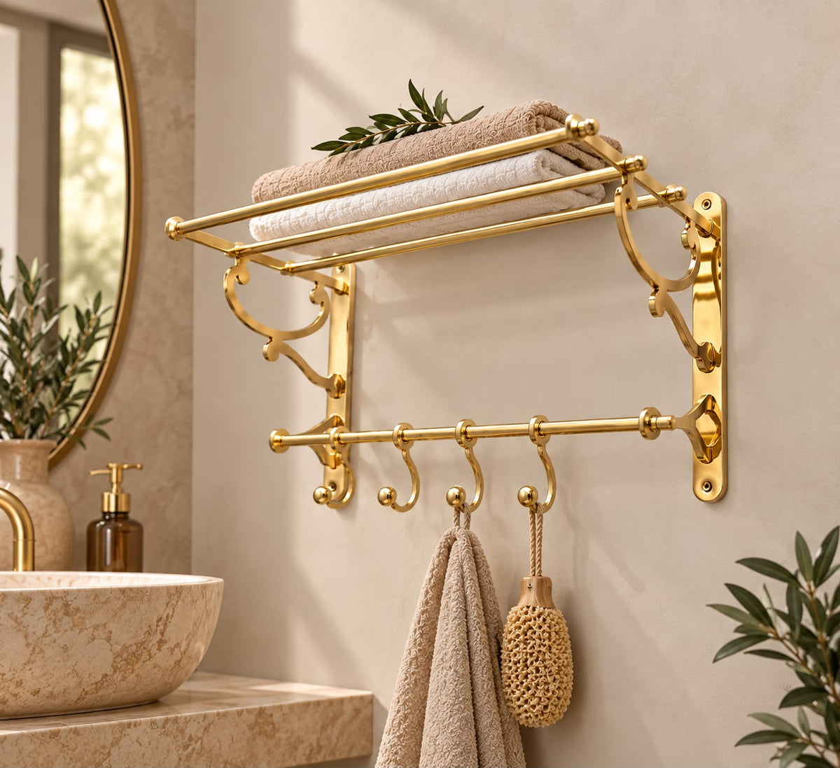 Unlacquered Brass Bathroom Shelf With Hooks For Clothes And Towels - Handmade