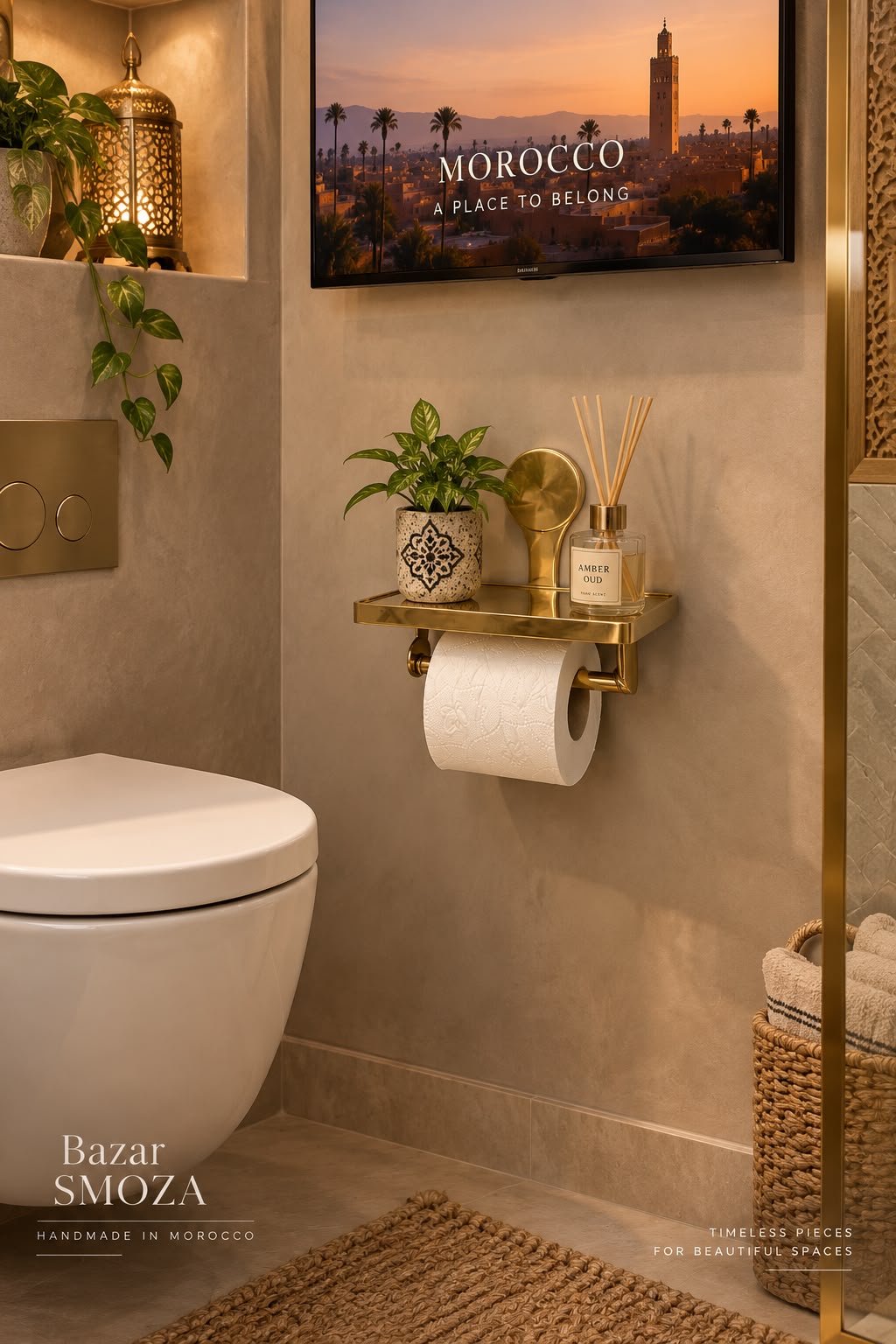 Handmade Moroccan Unlacquered Brass Toilet Paper Holder with Wall Shelf