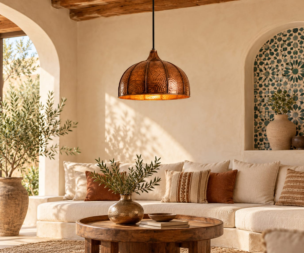 Handmade Hammered Copper Dome Pendant Light – Moroccan Artisan Ceiling Lamp & Dining Room