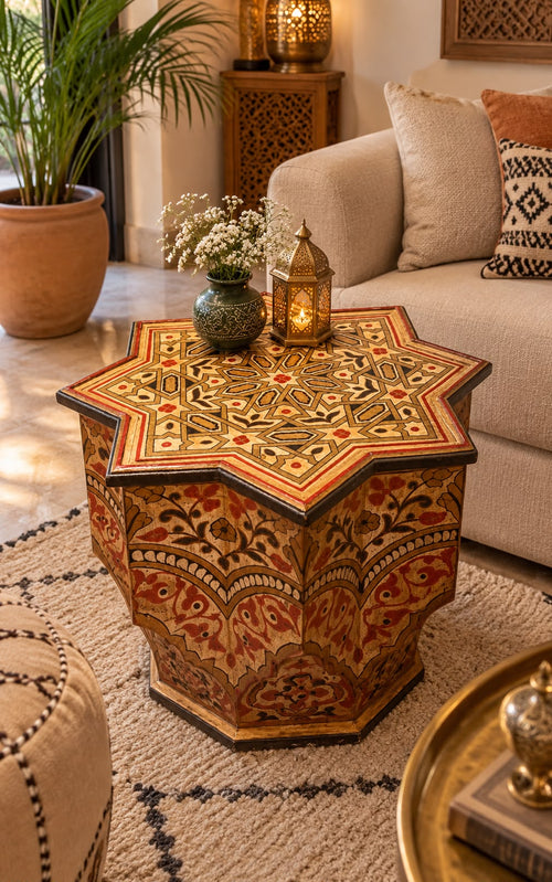 Hand-Painted Moroccan Side Table | Handmade Cedar Wood Accent Table