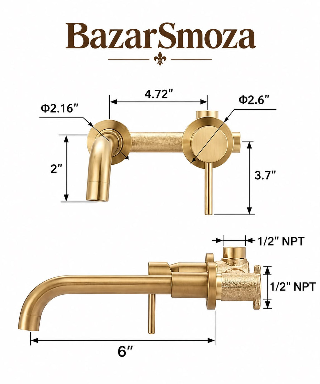 Unlacquered Brass Wall-Mounted Bathroom Faucet – 6” Spout Reach