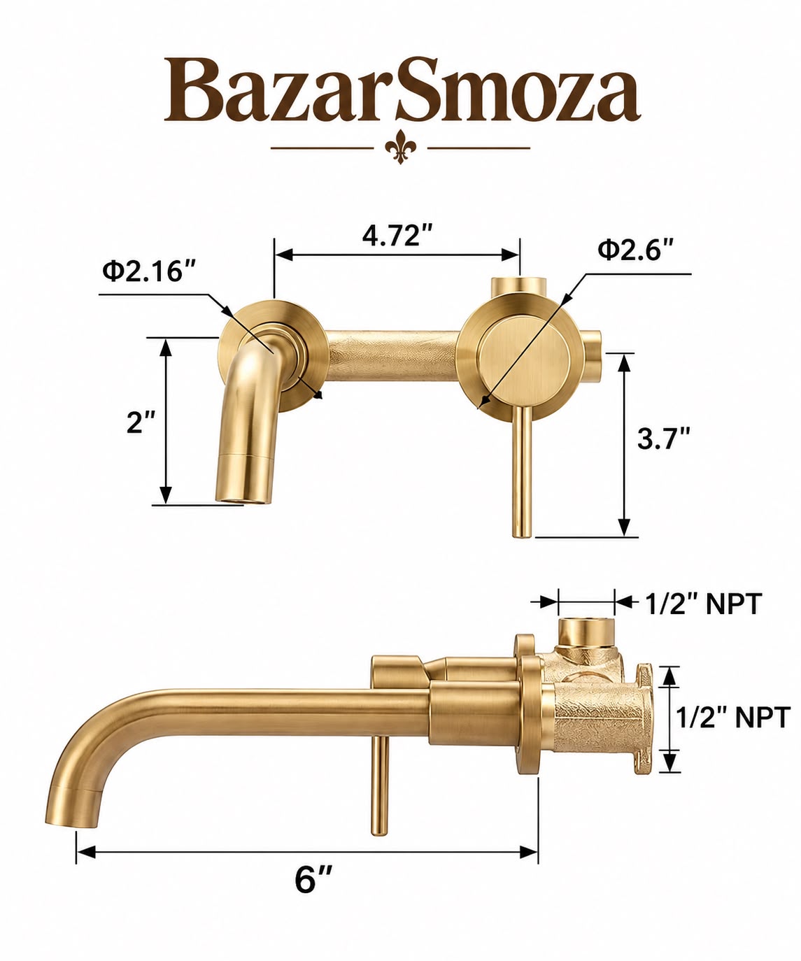 Unlacquered Brass Wall-Mounted Bathroom Faucet – 6” Spout Reach