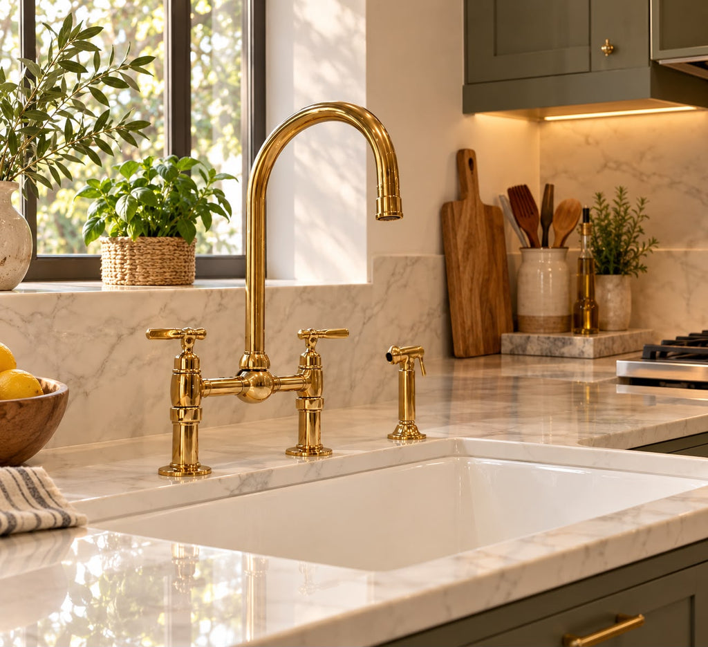 Unlacquered Brass Deck Mount Kitchen Faucet with Side Sprayer & Cold Water Tap – Handmade Brass Sink Faucet